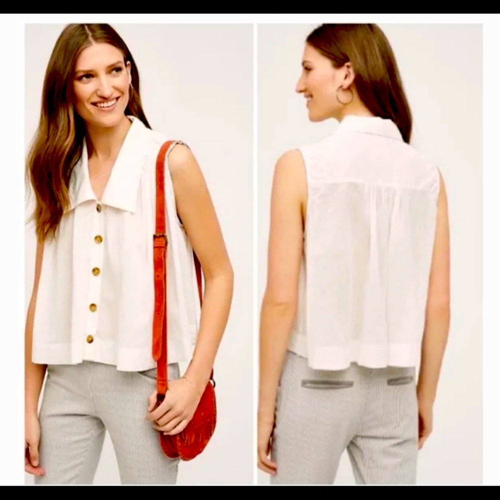 Anthropologie Holding Horses Smocked Shoulder Sleeveless Swing Top White Size 4